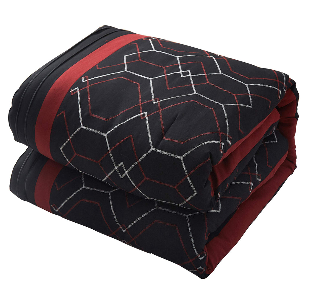 Stratford Park Geometric 7 Piece Comforter Bedding Set Black/Wine King Size 100%