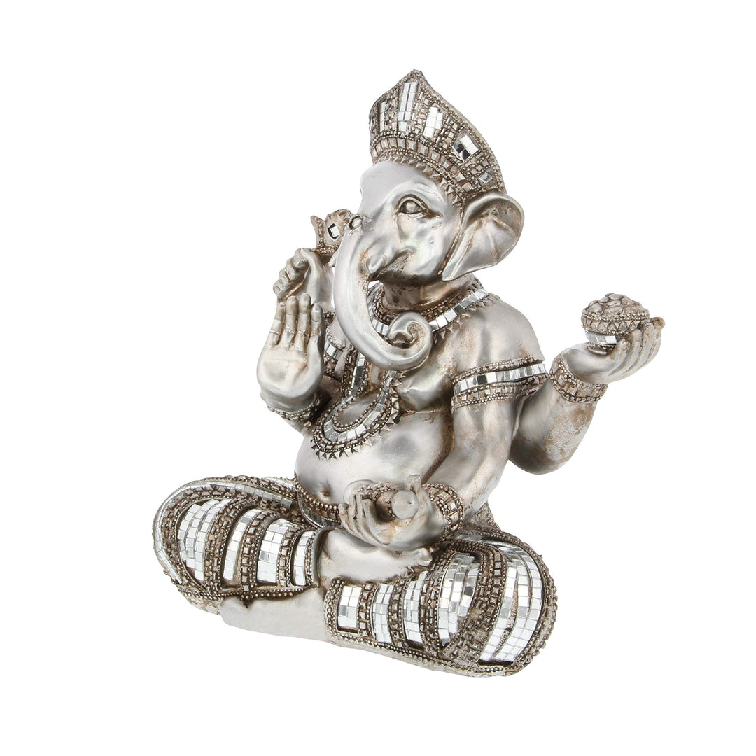 Silver Ganesha Shelf Statue Multi Color Bohemian Eclectic Acacia Brushed - Diamond Home USA