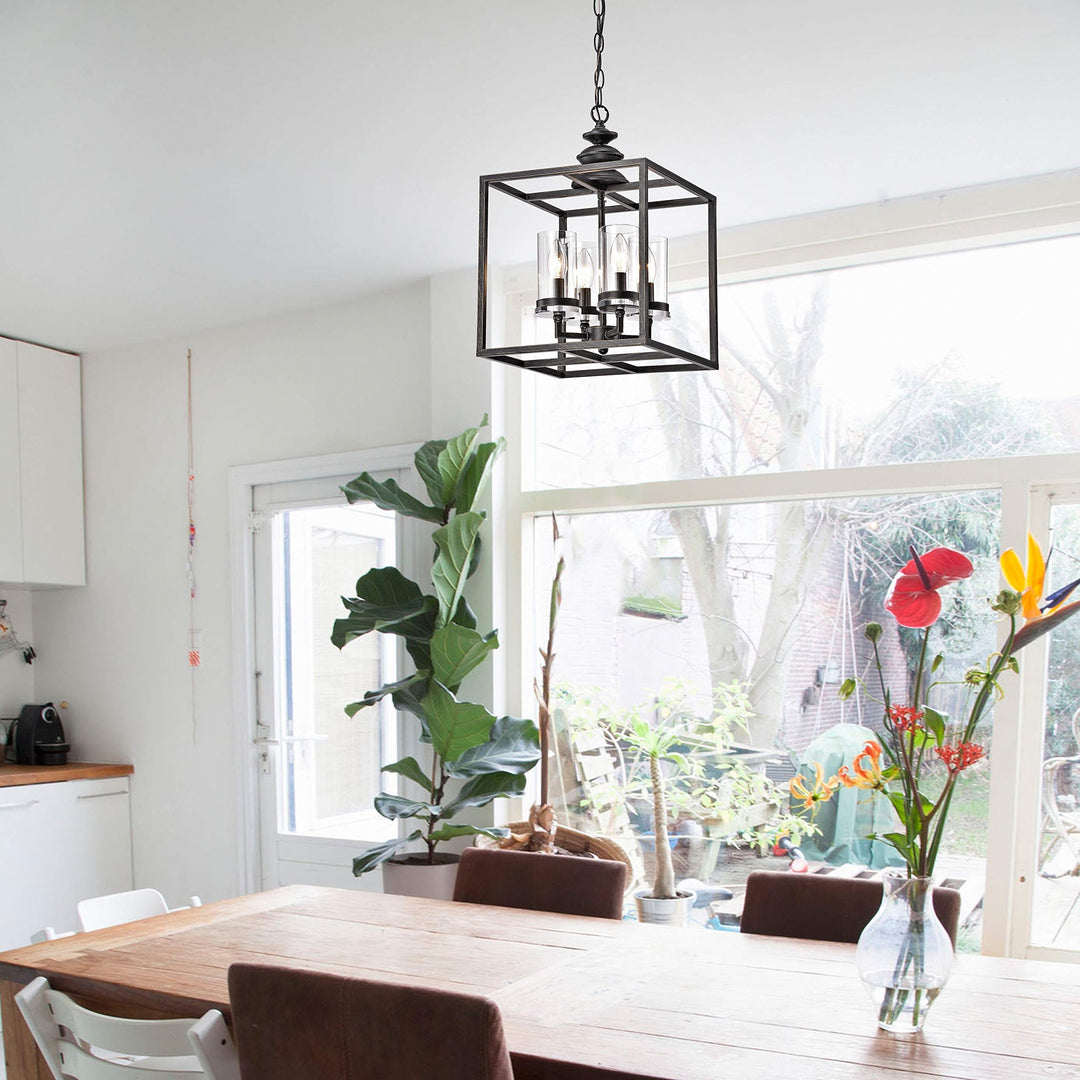 Black 4-Light Lantern Pendant Cage Fixture Geometric Lighting Hanging Square - Diamond Home USA