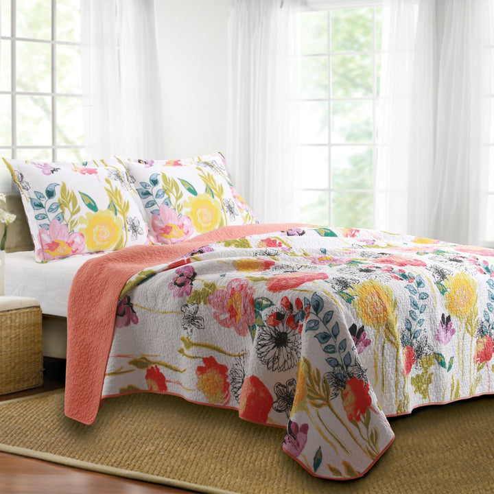 Twin Size Bright & Colourful Floral Bedspread Quilt Set - 100% Cotton Reversible White 4-Piece - Twin - Twin XL