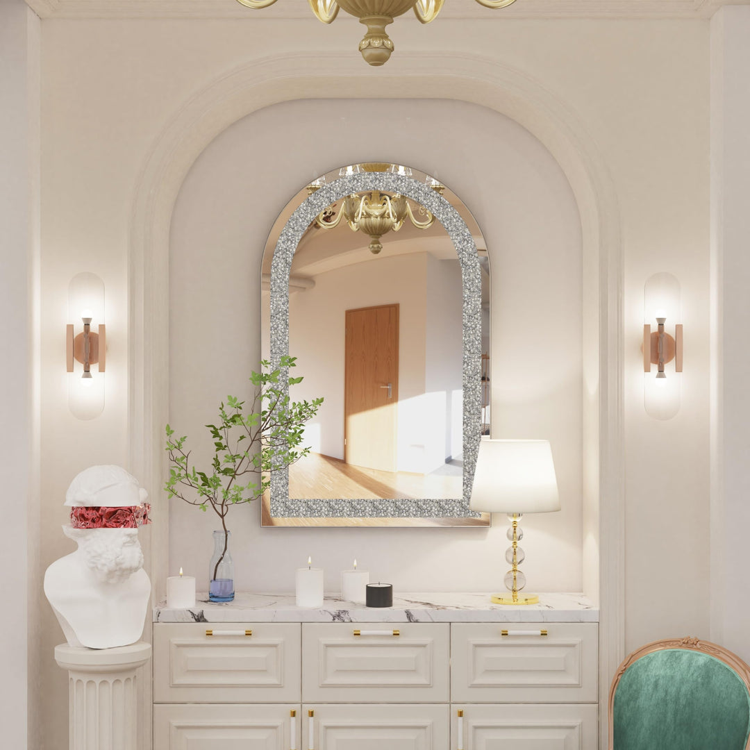 Crushed Diamond Long Arch Top Glass Mirror Silver Modern Contemporary Frameless - Diamond Home USA