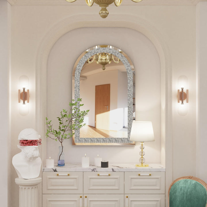 Crushed Diamond Long Arch Top Glass Mirror Silver Modern Contemporary Frameless - Diamond Home USA
