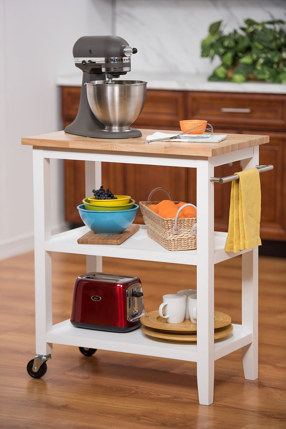 TRINITY 30-Inch Wood Kitchen Coffee Cart with Wheels Two Shelves and - Diamond Home USA
