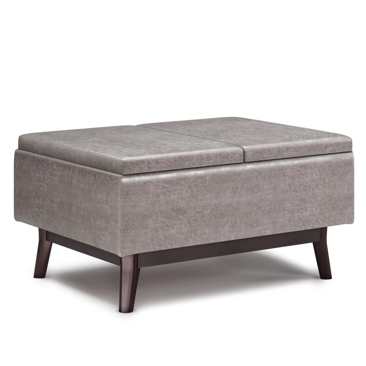 SIMPLIHOME Owen 34 Inch Wide Mid Century Modern Square Tray Top Storage Distressed Grey