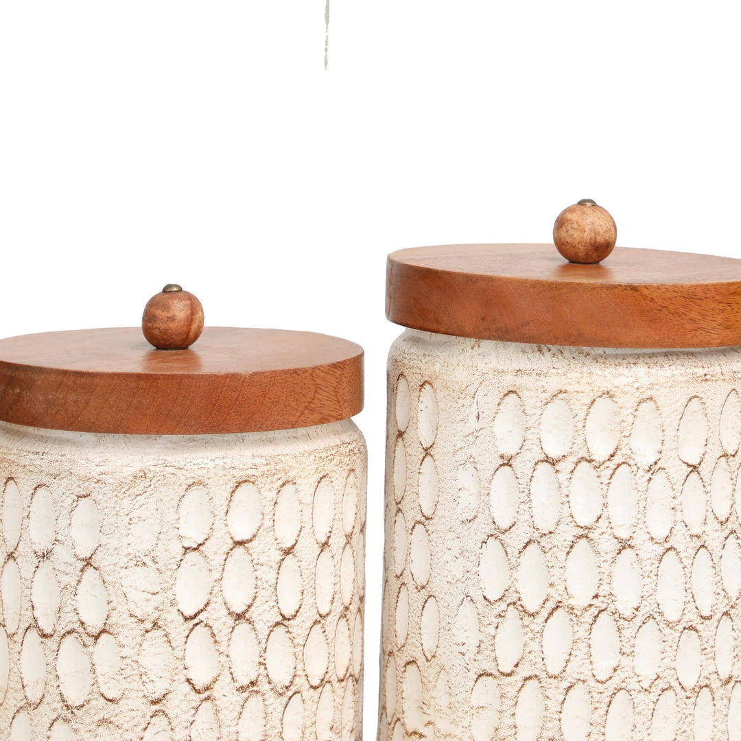 Cream Paper Handmade Carved Spotted Geometric Canisters With Brown Removable - Diamond Home USA