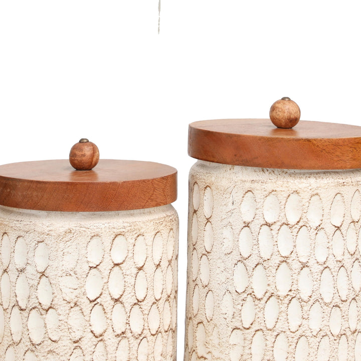 Cream Paper Handmade Carved Spotted Geometric Canisters With Brown Removable - Diamond Home USA