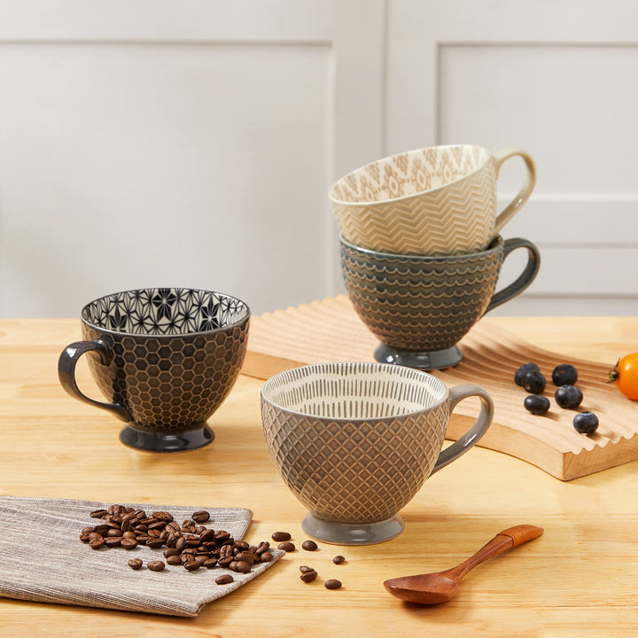 Signature Housewares Pad Print Set of 4 Ceramic Assorted Footed 14oz Mugs PP - Diamond Home USA