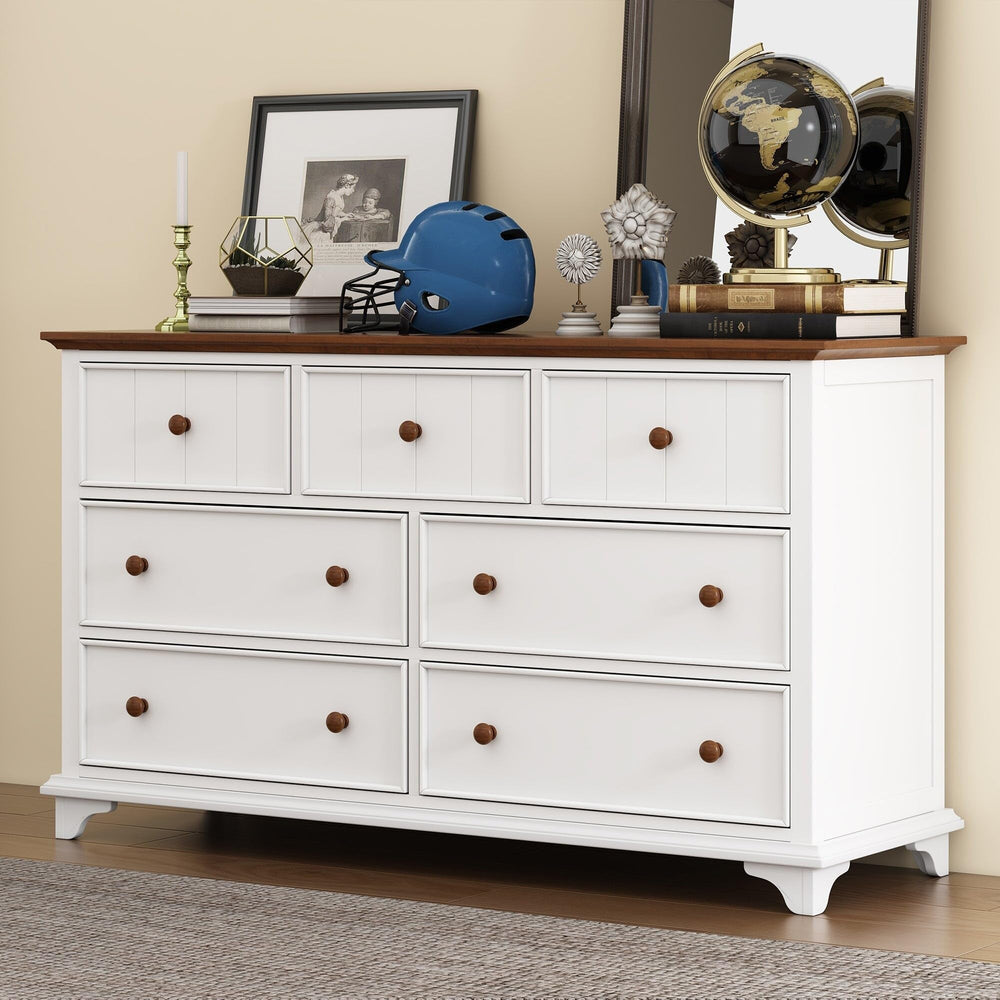 7-Drawer Wood Horizontal Dresser in White and Walnut Mission Craftsman MDF Pine - Diamond Home USA