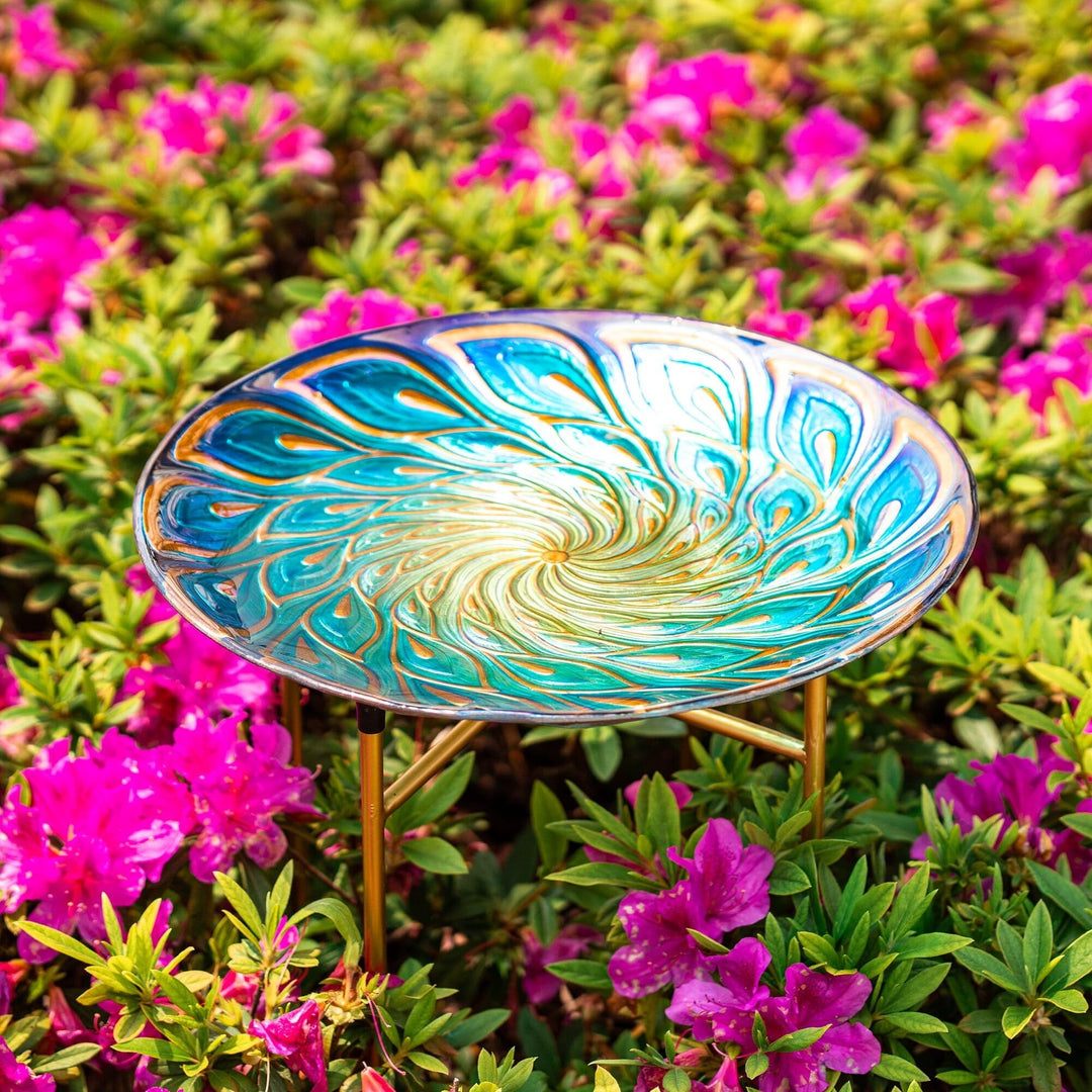 Blue Peacock Feather Glass Garden Birdbath Gold - Diamond Home USA