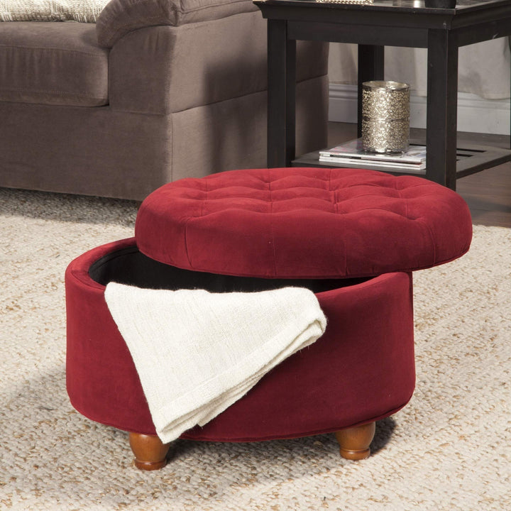 Button Tufted Velvet Berry Round Storage Ottoman Red Solid Glam Wood - Diamond Home USA