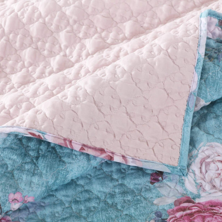 Turquoise Blue Reversible Throw Blanket Green Pink Floral Solid Color Microfiber - Diamond Home USA