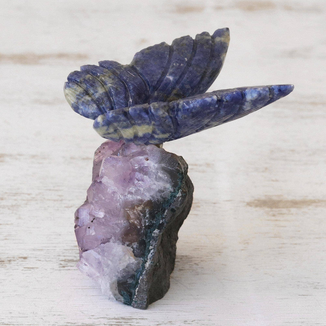 Amethyst Sculpture 'Blue Butterfly' Brown Wood Antique Waterproof - Diamond Home USA
