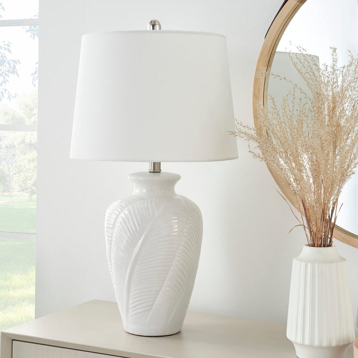 26" White Textured Ceramic Urn Table Lamp Bohemian Eclectic Nautical Coastal