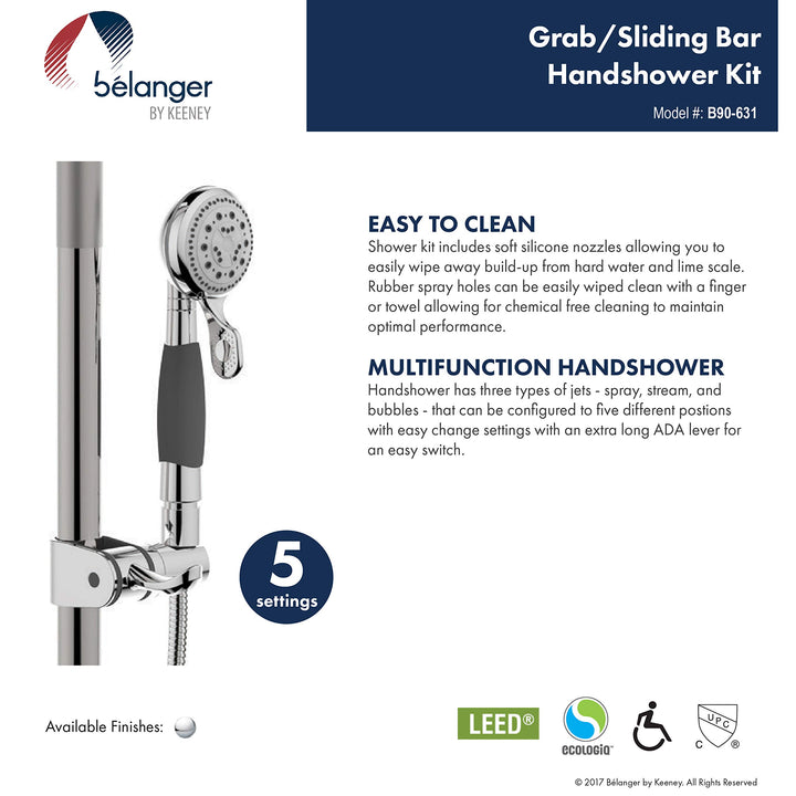 Belanger B90-631 1.25 In. Dia x 36 In. Grab Bar with ADA H Shower Slider - Diamond Home USA