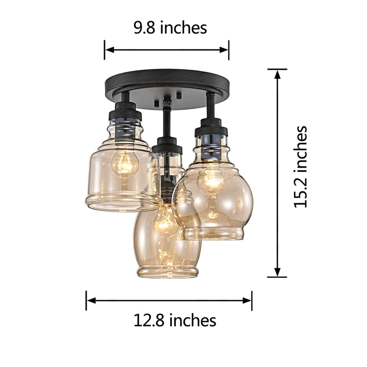 3-Light Antique Black Flush Mount with Cognac Glass Shade - Modern - Diamond Home USA