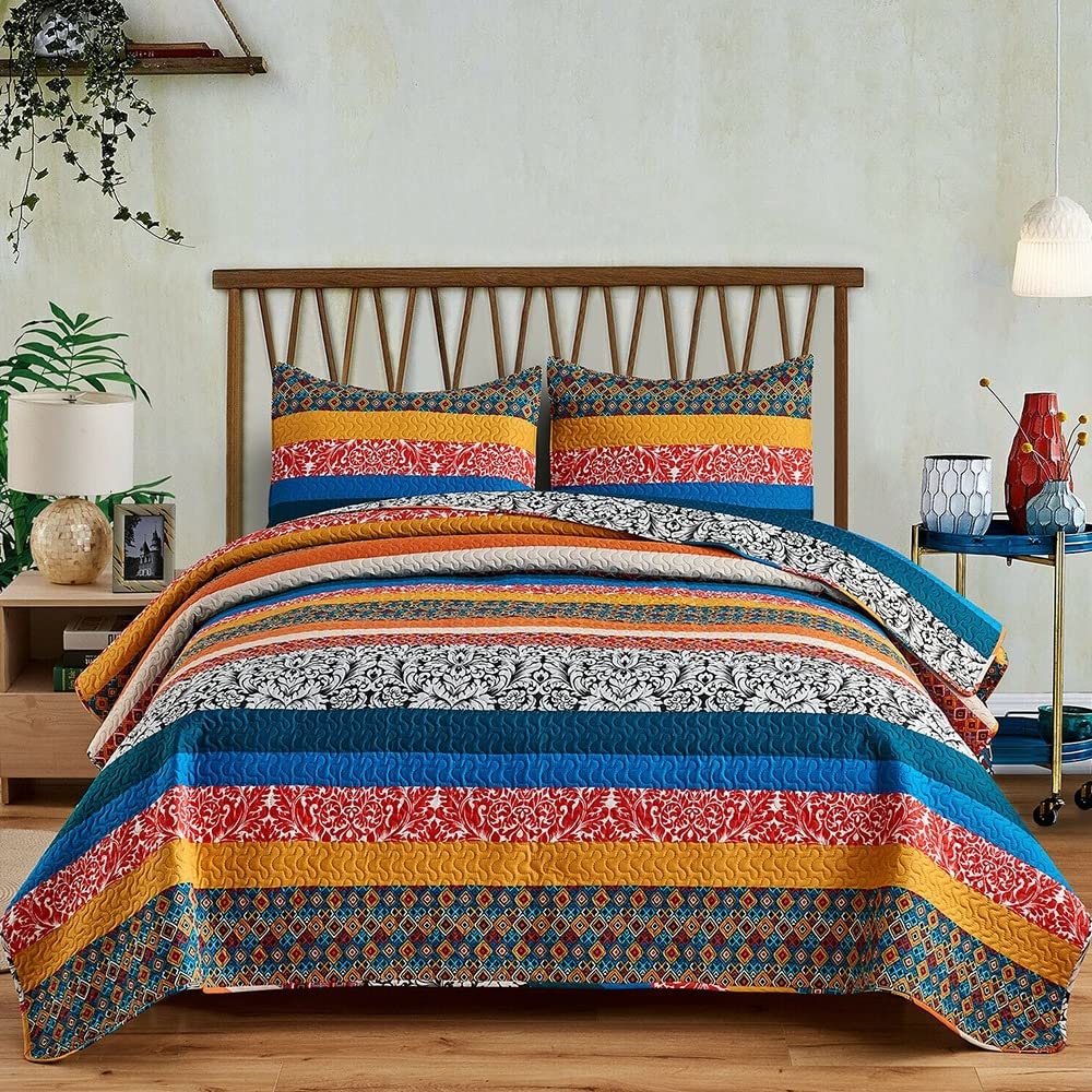 3 Pieces Plaid Printed Reversible Bedspread Queen Boho Stripe Blue Striped
