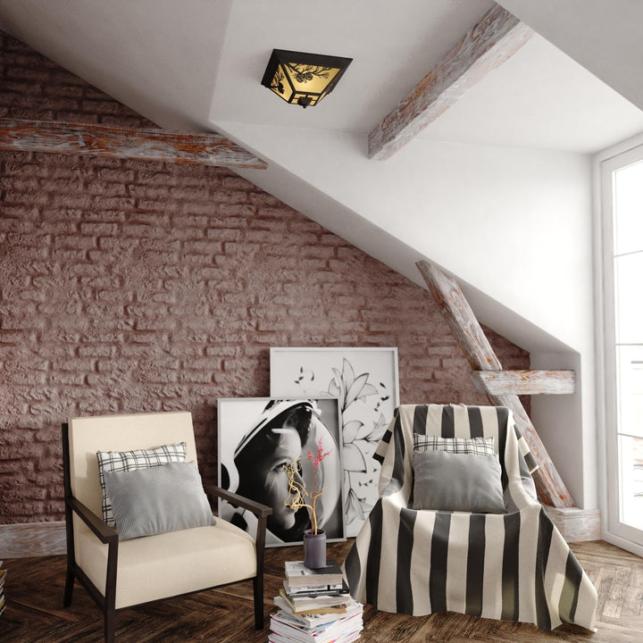 Warm Bronze Rustic Outdoor Flush Mount Ceiling Light Pine Cone Motif Amber Glass - Diamond Home USA