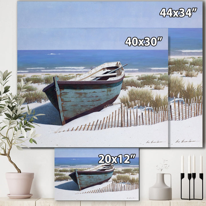 DESIGN ART Designart "Blue Boat on Beach" Nautical & Coastal Canvas Artwork 40 in. wide x 30 in. high - Diamond Home USA