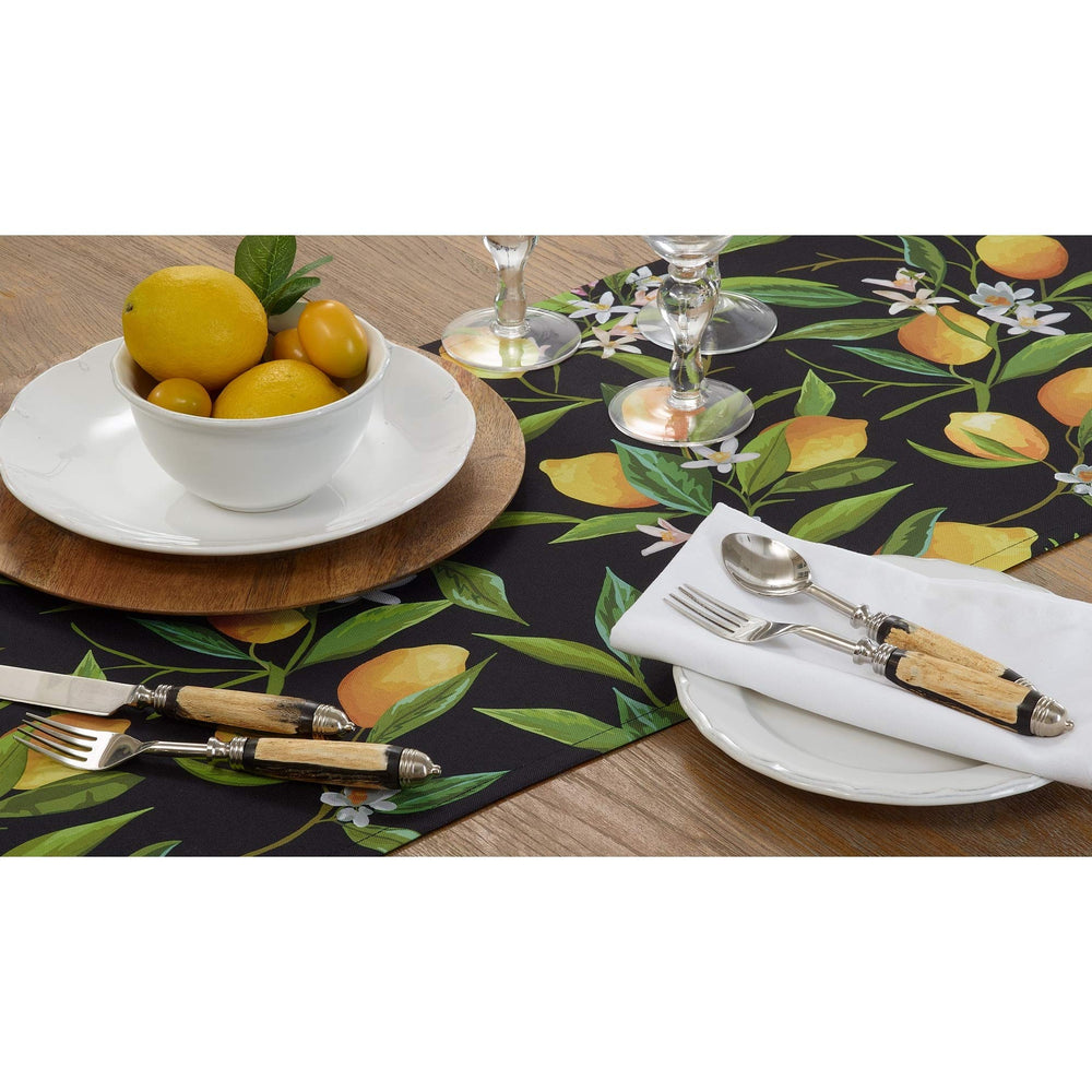 Outdoor Table Runner with Lemon Design Black Polyester - Diamond Home USA