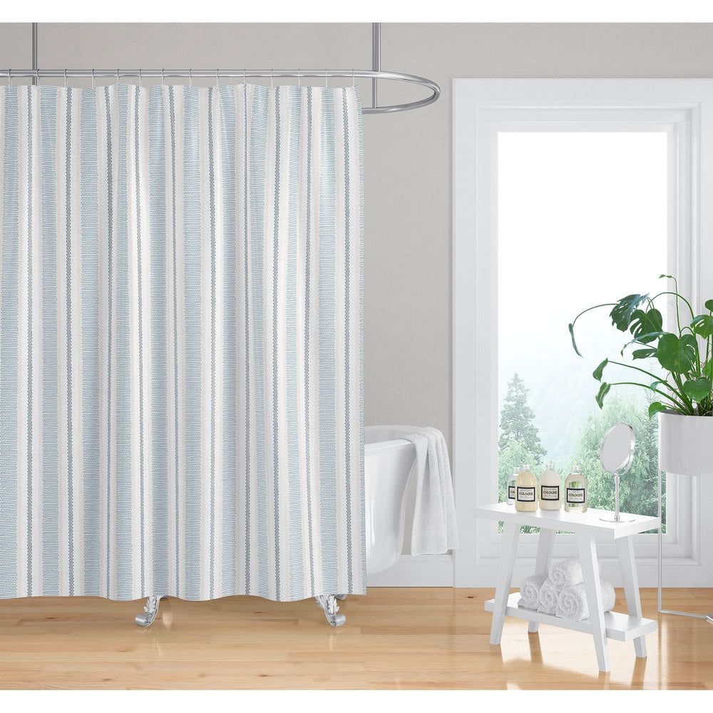 Stripe Dots Denim Shower Curtain Blue Striped Modern Contemporary Polyester - Diamond Home USA