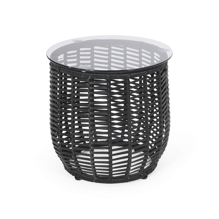 GDFStudio Wicker Side Table with Tempered Glass Top Black