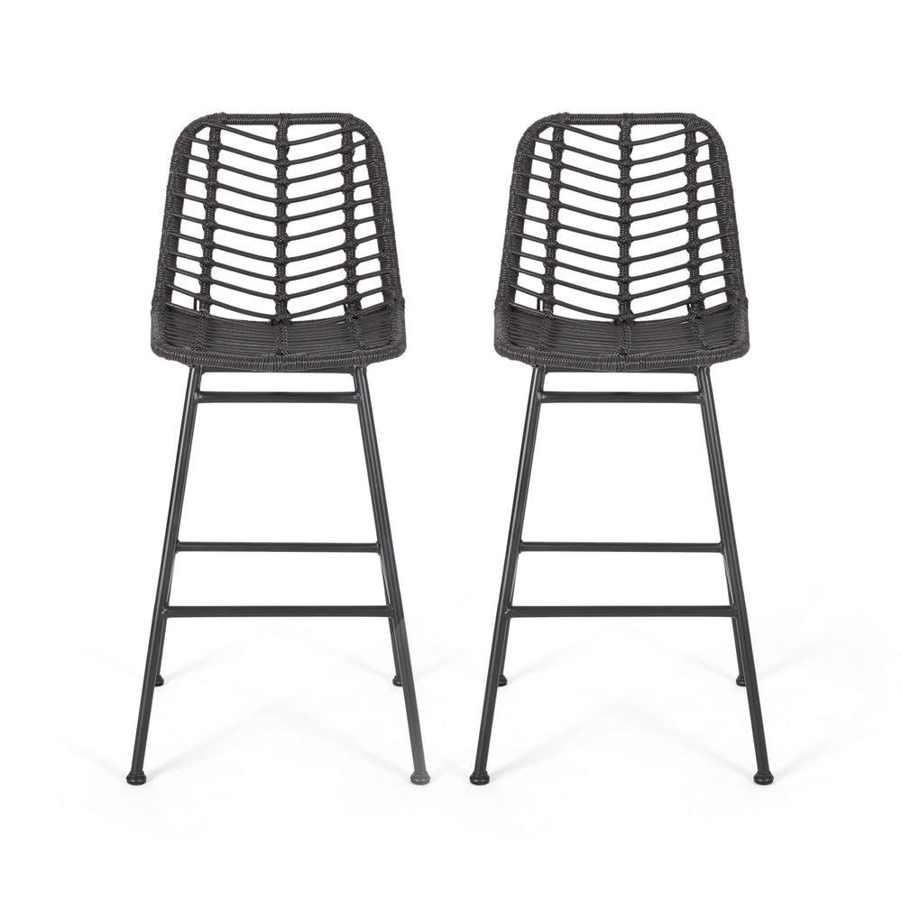GDFStudio Outdoor Wicker Barstools (Set of 2) Gray and Black Gray+Black
