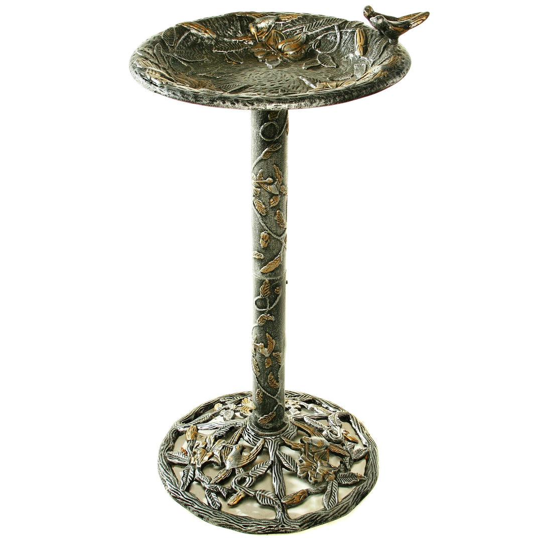 Premium Hummingbird Bird Bath - Silver Black Brown Pedestal Aluminum Iron Brown/Black - Diamond Home USA