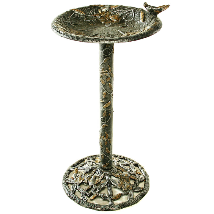 Premium Hummingbird Bird Bath - Silver Black Brown Pedestal Aluminum Iron Brown/Black - Diamond Home USA