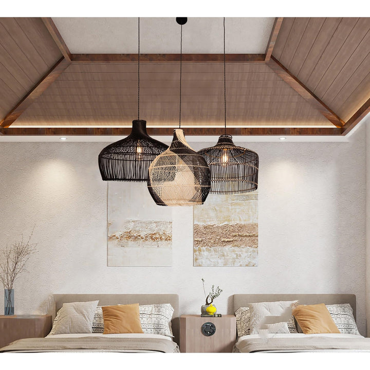 Modern Hand-woven Rattan Black Coastal Hanging Light 18" Wide Bohemian - Diamond Home USA