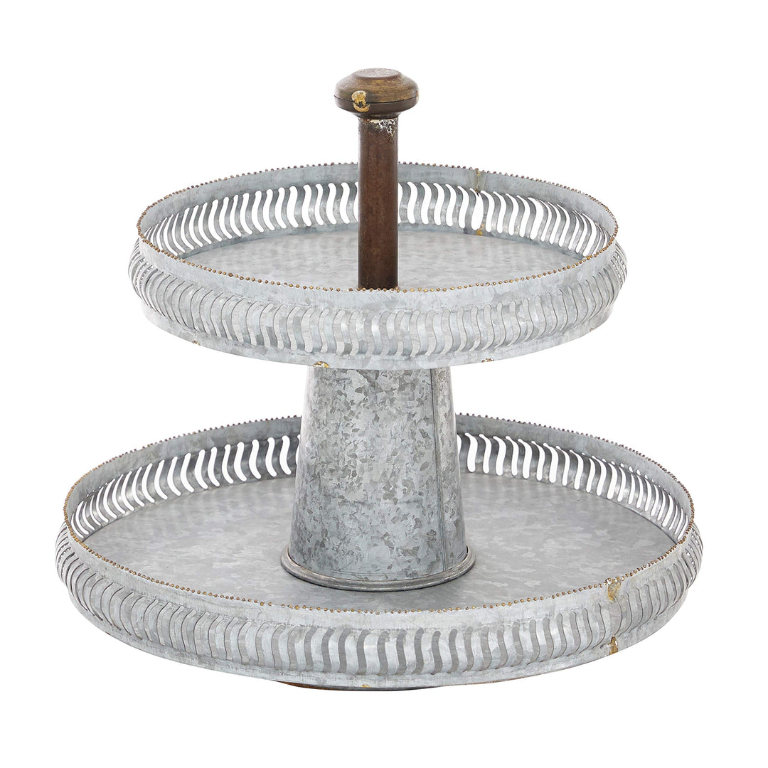 Round Silver Galvanized Metal 2 Tier Tray Stand 16 inch X 15 inch 16 X 15round - Diamond Home USA