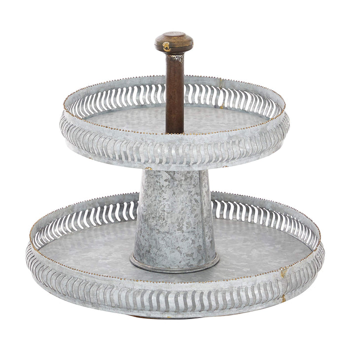 Round Silver Galvanized Metal 2 Tier Tray Stand 16 inch X 15 inch 16 X 15round - Diamond Home USA