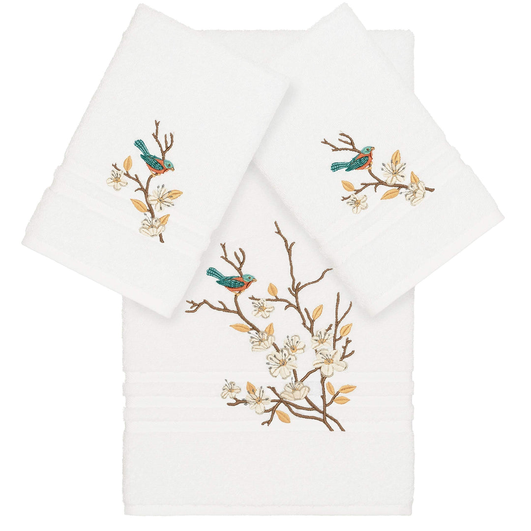 Turkish Cotton Blue Bird Embroidered White 3-Piece Towel Set Terry Cloth