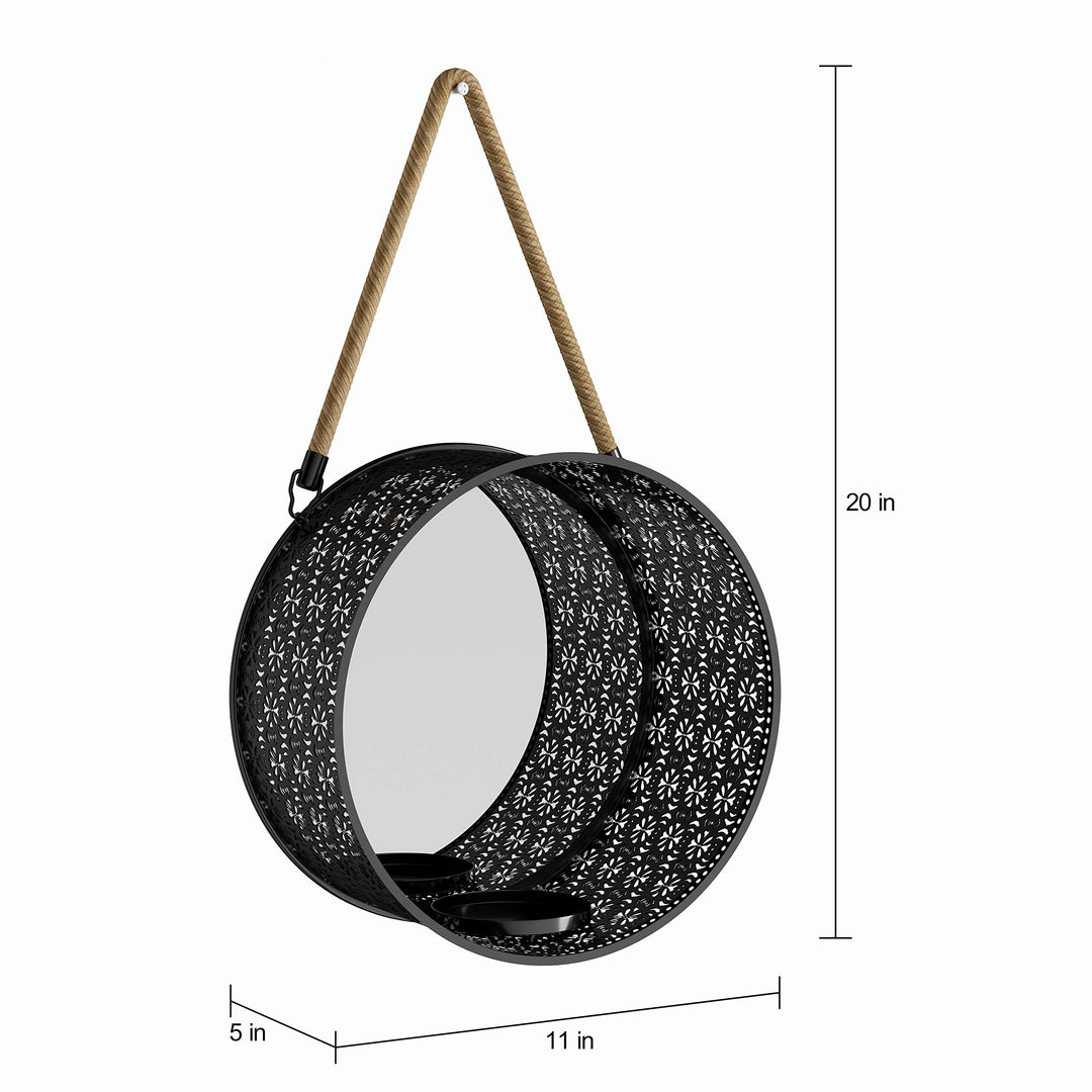 Tall Oak Round Mirror Pillar Candle Sconce with Filigree Metal Frame and Hanging - Diamond Home USA