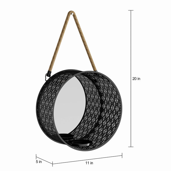 Tall Oak Round Mirror Pillar Candle Sconce with Filigree Metal Frame and Hanging - Diamond Home USA