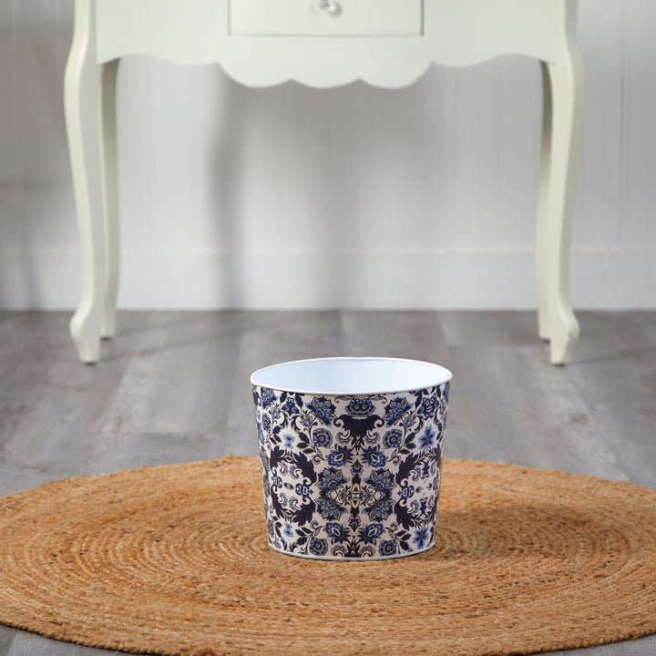 12" Oriental Blue and White Classic Round Metal Planter Traditional Distressed - Diamond Home USA