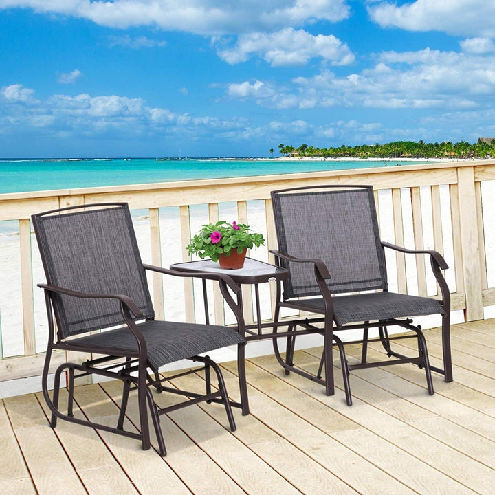 Outdoor Sling Fabric 3-Piece Double Glider Rocker Chairs with Table Set Grey