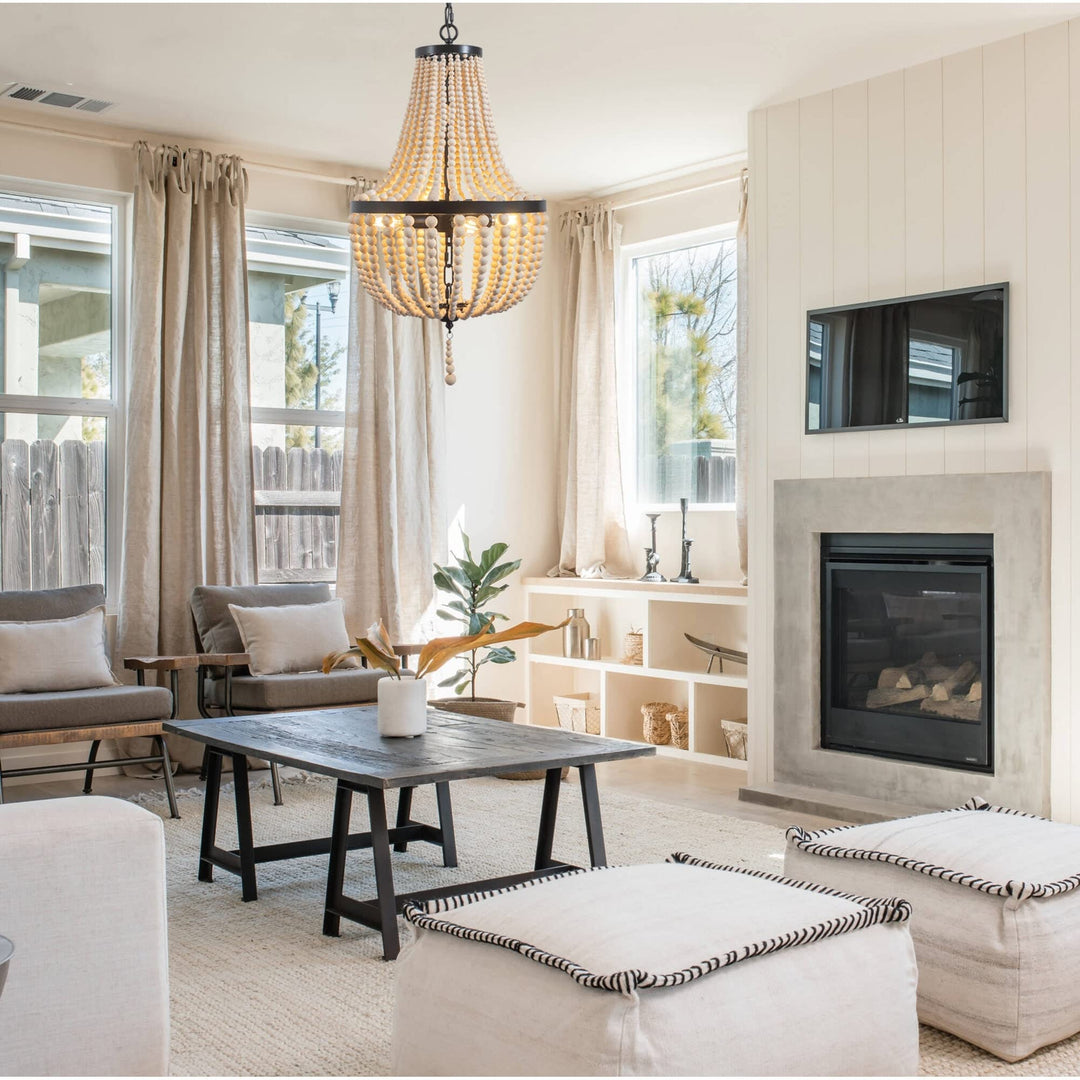 Farmhouse Wood Beaded Chandelier Modern Light Black Bohemian Eclectic Metal - Diamond Home USA