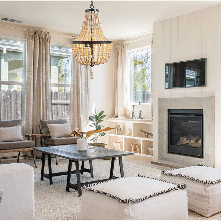 Farmhouse Wood Beaded Chandelier Modern Light Black Bohemian Eclectic Metal - Diamond Home USA