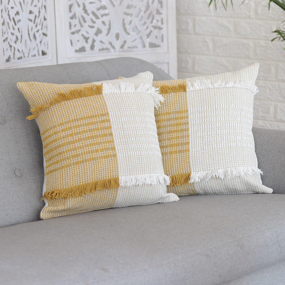 Handmade Delhi Honey Cotton Cushion Covers (Pair) White Motif Modern - Diamond Home USA