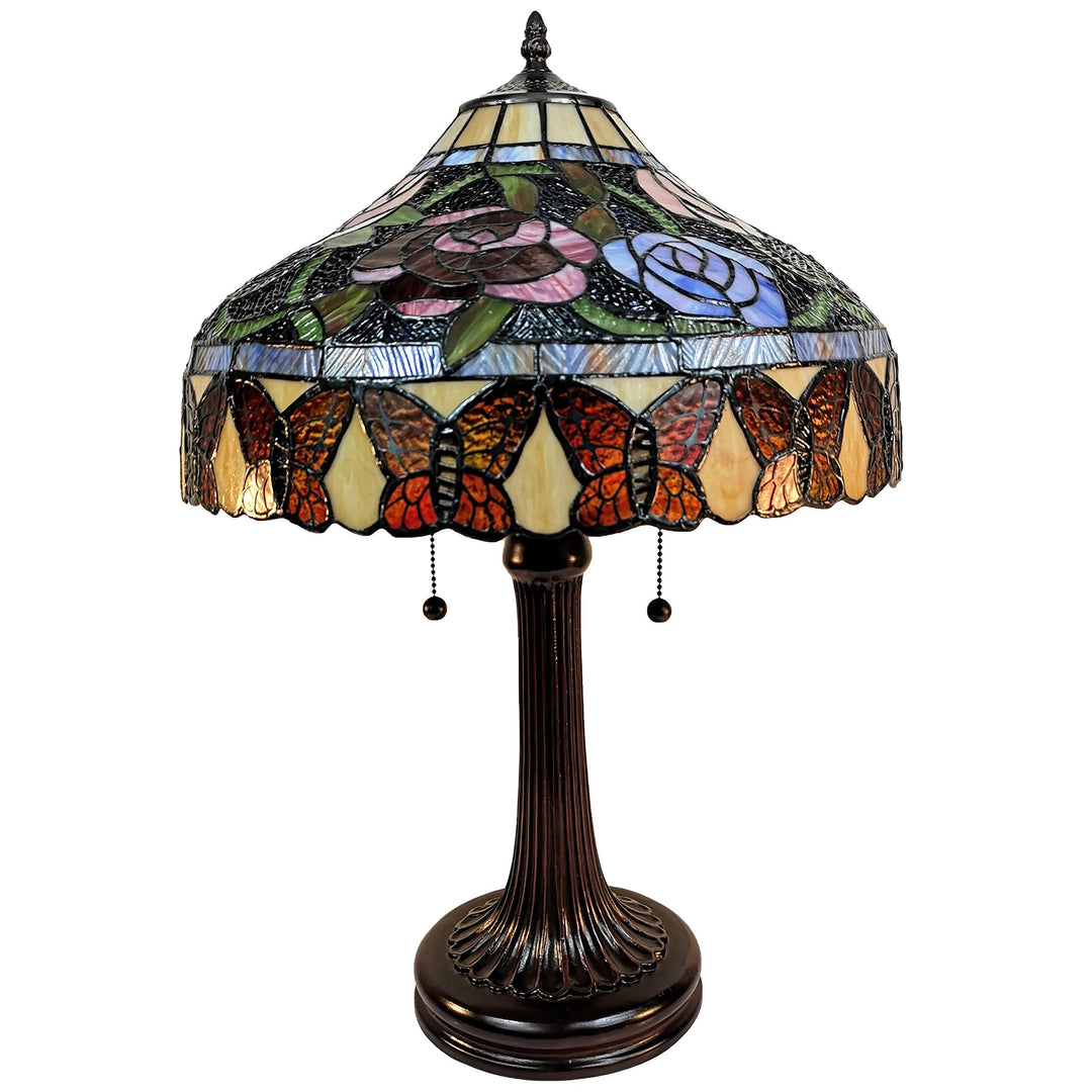 Tiffany Style Table Lamp Banker 23" Tall Stained Glass Red Green Tan Floral - Diamond Home USA