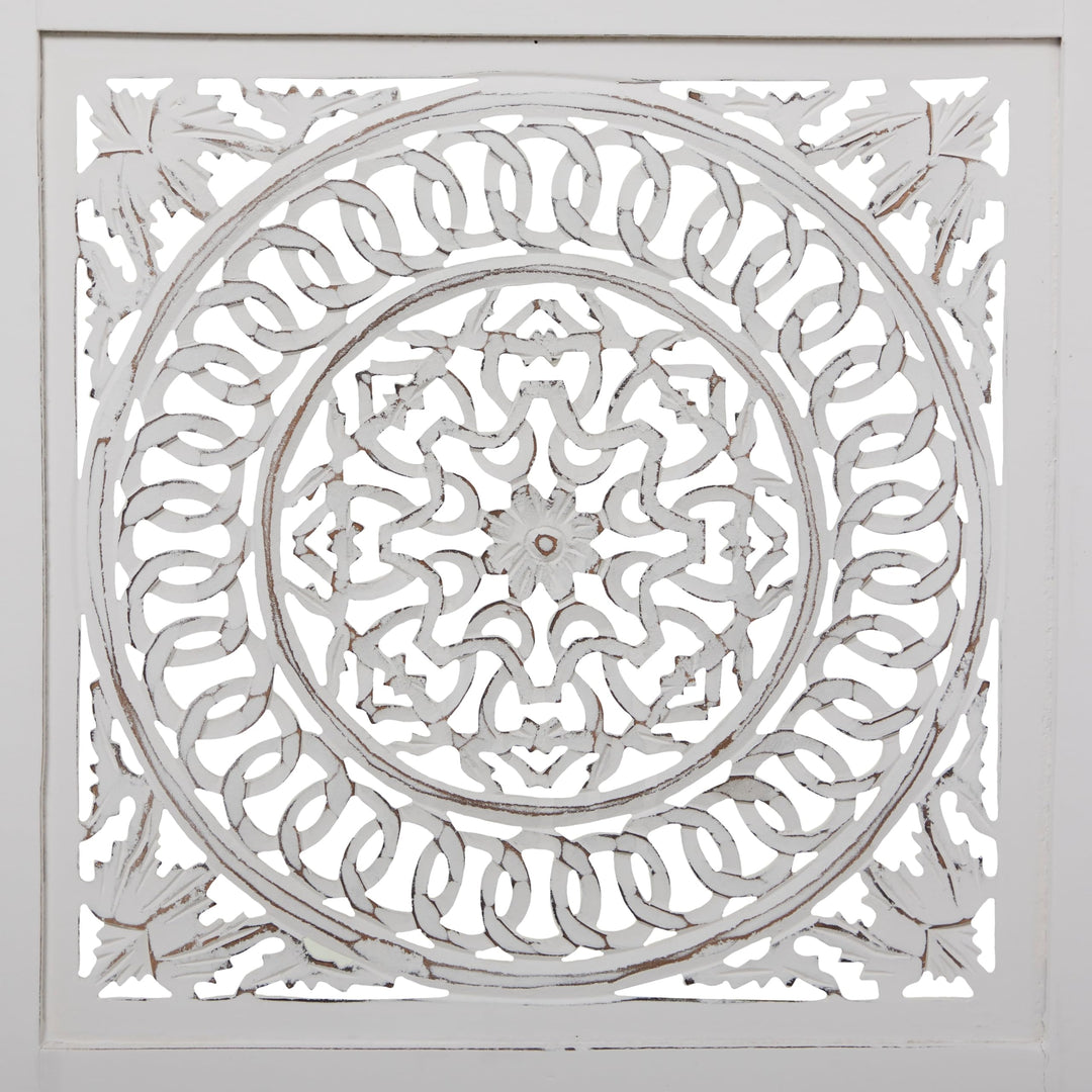 White Wood Hinged Foldable Partition 3 Panel Floral Room Divider Screen with - Diamond Home USA