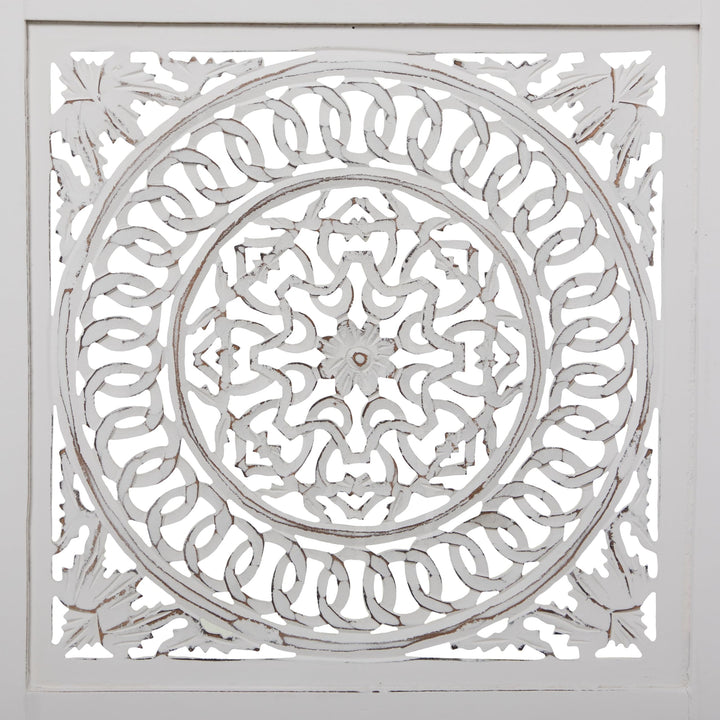 White Wood Hinged Foldable Partition 3 Panel Floral Room Divider Screen with - Diamond Home USA