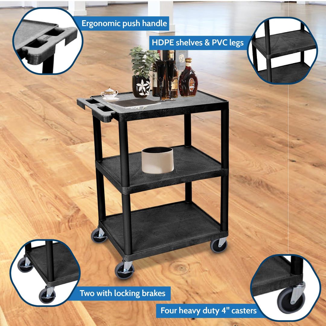 LUXOR STC222-B 3-Shelf Utility Cart Black - Diamond Home USA