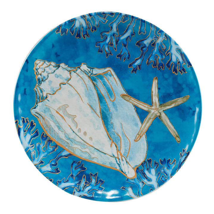 Shells 11-inch Dinner Plates Set Of 4 Blue Gold Grey Coastal Casual Farmhouse - Diamond Home USA