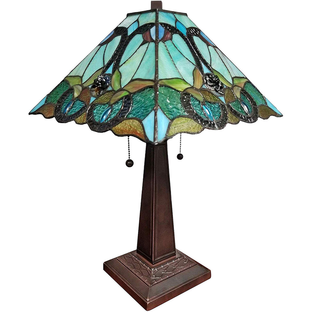 Tiffany Style Table Lamp Banker 20" Tall Stained Glass White Green Red Brown - Diamond Home USA
