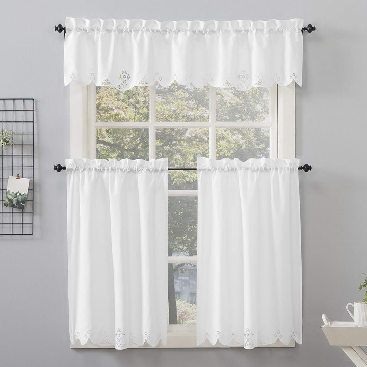 No. 918 Mariela Floral Trim Semi-Sheer Rod Pocket Kitchen Curtain Valance and - Diamond Home USA