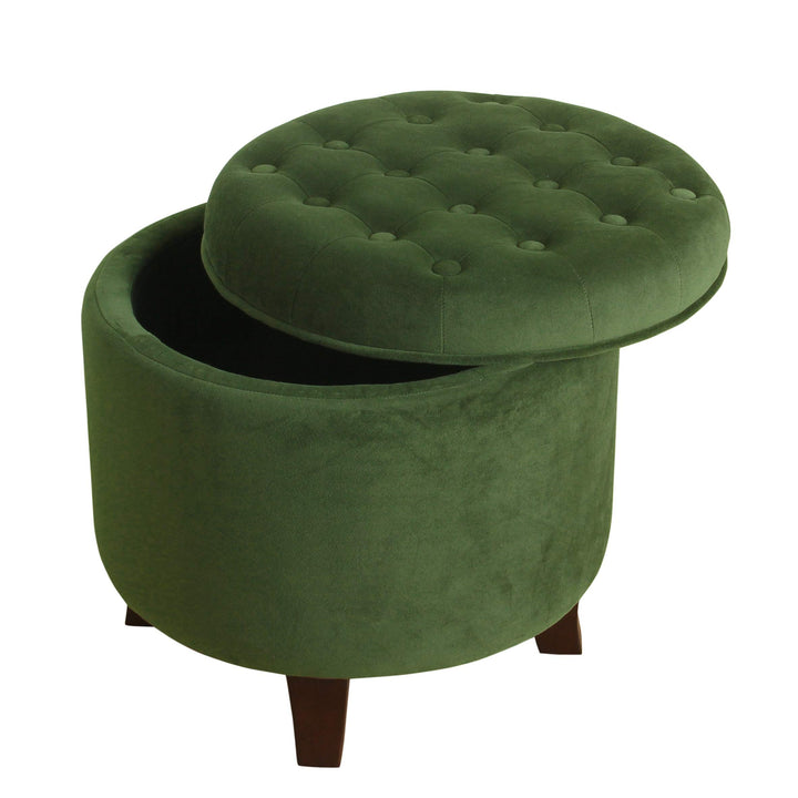 Velvet Forest Green Round Storage Ottoman Solid Casual Glam Transitional Foam