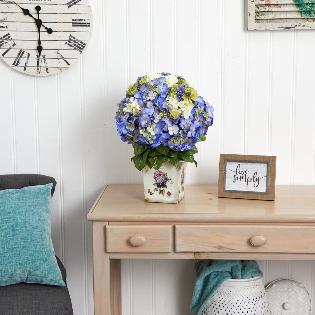 Nearly Natural Mixed Hydrangea with Floral Planter - Diamond Home USA