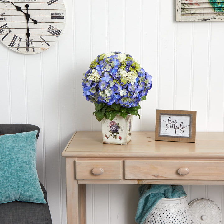 Nearly Natural Mixed Hydrangea with Floral Planter - Diamond Home USA