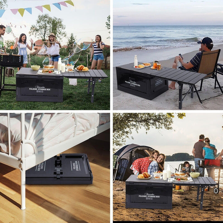 Folding Table Storage Bin With Collapsible Box Wood Lid And 2 Side Doors Black - Diamond Home USA